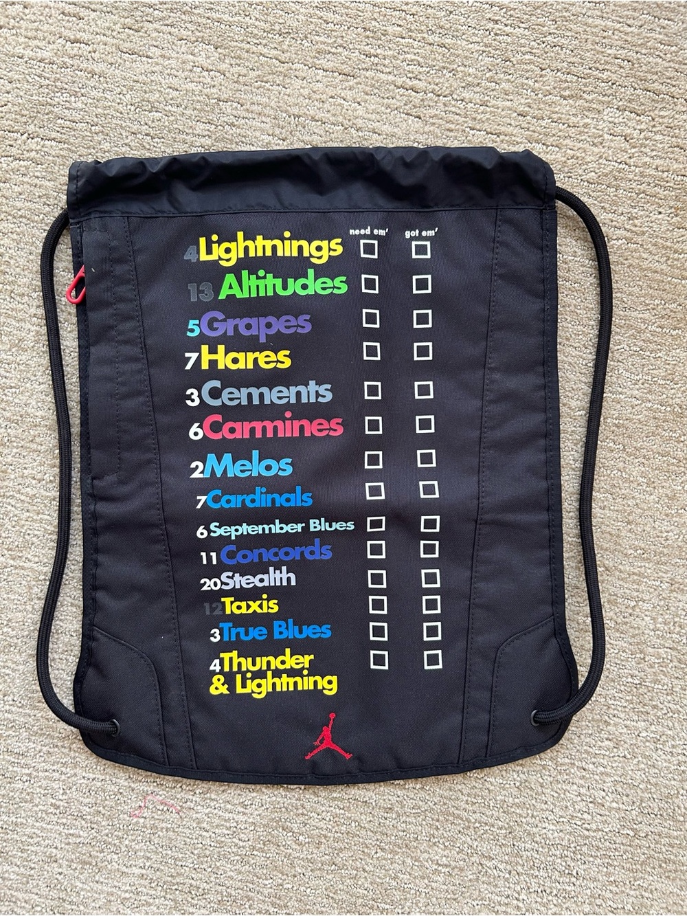 Air Jordan Jumpman Black Drawstring Bag Multicolor Checklist Graphic Side Pocket